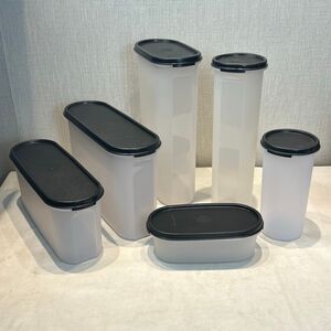 Tupperware Modular Mates Set Oval Round Black Lids Seals Spaghetti Clear 13 Pcs